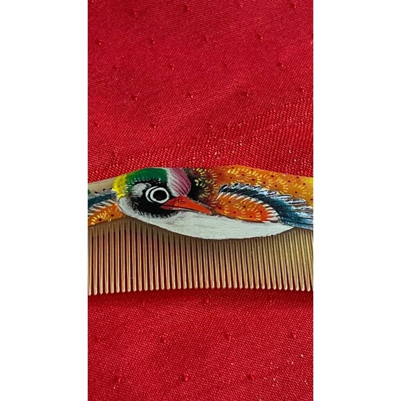 Hand Painted Japanese Kushi Horn Hair Comb & Leather Italian Case Antique Bird main image 12